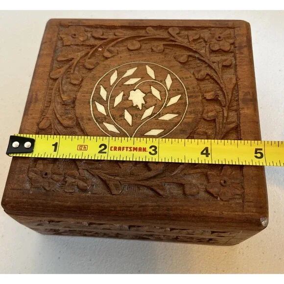 VTG Hand Carved Wooden Box Mother Pearl Inlay Trinket Hinged Lid 5”X5”X2.5” - Picture 11 of 13